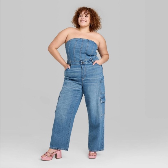 Women's Tube Cargo Denim Jumpsuit - Wild Fable™ Medium Wash XXL - Picture 2 of 4